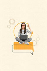 Poster - Vertical creative composite photo collage of smart girl in glasses hold laptop chatting with clients isolated on beige color background