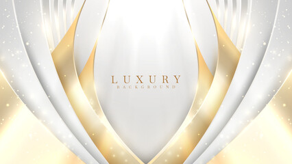 Wall Mural - Luxury white background with gold curve ribbon elements and glitter light effects decorations and bokeh.