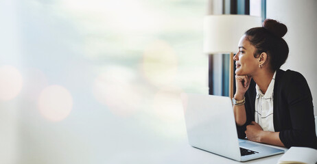 Aufkleber - Banner, laptop and woman in office thinking with mockup, bokeh and ideas on business for trading. Administration, online research and happy businesswoman looking out window with smile in work space.