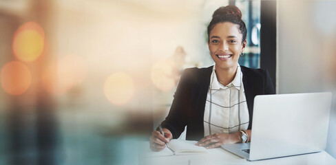 Business woman, portrait and notebook in office planning, brainstorming and schedule in Human Resources job. Professional HR worker on laptop and journal notes, ideas or career goals on banner mockup