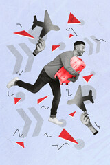 Aufkleber - Vertical collage picture of excited black white guy run suitcase big arms hold planes isolated on painted blue background