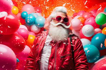 Modern Santa Claus in Red Suit and RED Sunglasses Surrounded by Balloons in Pink, Red, and Blue: New Year's, Winter, and Christmas Concept