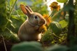 close-up of a rabbit nibbling a carrot in a garden