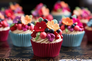 Wall Mural - close-up of delicious decorated cupcakes