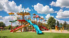 A playground with carousels and slides and swings on a green lawn under a blue sky