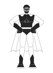 Poster - Superhero in mask flat line black white vector character. Empowered man in suit. Protecting world. Editable outline full body person. Simple cartoon isolated spot illustration for web graphic design