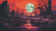 Generative AI, Halloween Landscape Background. Risograph Glitch Poster, Chaosfunk Surreal Collage 