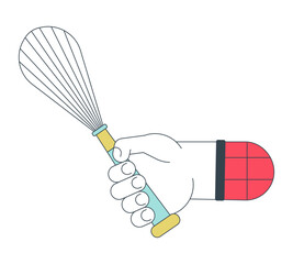 Poster - Whipping whisk in hand flat line concept vector spot illustration. Cooking steel utensil. 2D cartoon outline hand on white for web UI design. Editable isolated color hero image