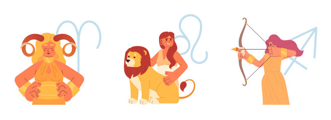 Poster - Fire zodiac signs flat concept vector spot illustration set. Aries, leo, sagittarius. Woman signs 2D cartoon characters on white for web UI design. Astrology isolated editable creative hero image pack