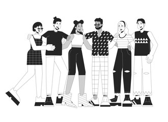Poster - diverse community bw concept vector spot illustration. multinational friendly people. 2d cartoon fla