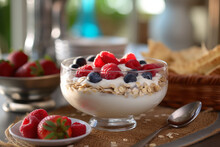 Sweet yogurt with berries at table at breakfast