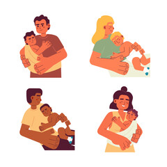 Poster - Parenthood flat concept vector spot illustrations set. Parents taking care of babies. Toddlers in sling 2D cartoon characters on white for web UI design. Isolated editable creative hero images pack