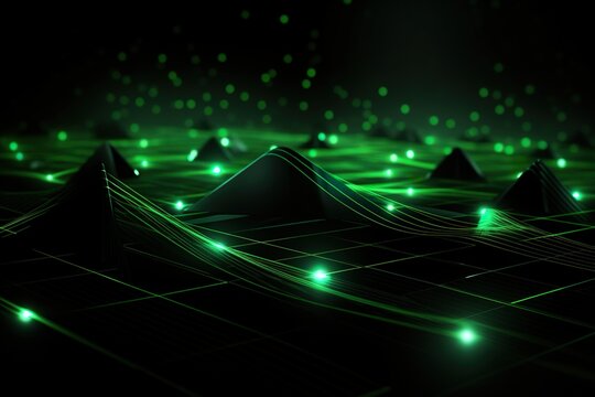 Background technology Gravitational field model, glowing lines green neon lines futuristic style.