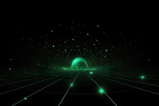 Background technology Gravitational field model, glowing lines green neon lines futuristic style.
