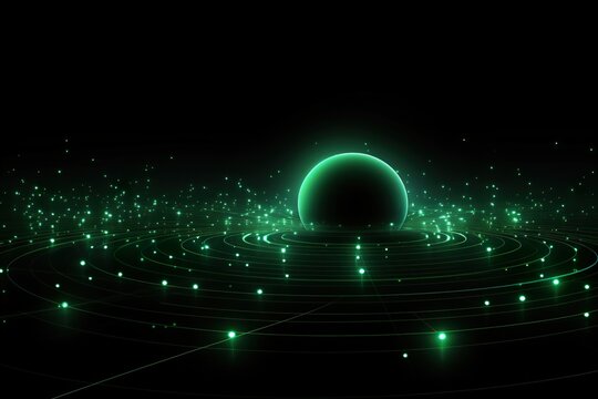 Background technology Gravitational field model, glowing lines green neon lines futuristic style.