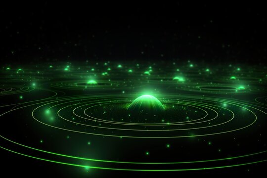 Background technology Gravitational field model, glowing lines green neon lines futuristic style.