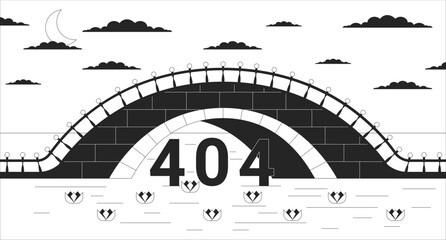 Poster - twilight bridge across river black white error 404 flash message. dusk above water lilies. monochrom
