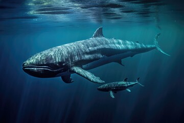 Wall Mural - whale calf swimming beside its mother in clear waters