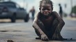 African Poor Boy crying on the street , Generative AI