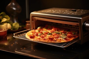 Poster - steaming hot pizza slice being pulled from toaster oven