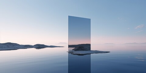 3d rendering, abstract minimalist background, futuristic zen scenery, panoramic seascape wallpaper. Calm water, black rocks seashore, rectangular mirror and pastel blue gradient, Generative AI