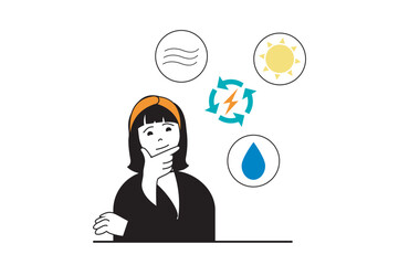 Aufkleber - Green energy concept with people scene in flat web design. Woman using renewable resources with recycle technology for saving nature. Vector illustration for social media banner, marketing material.