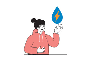 Aufkleber - Green energy concept with people scene in flat web design. Woman saving water resources and generates clean green electricity. Vector illustration for social media banner, marketing material.