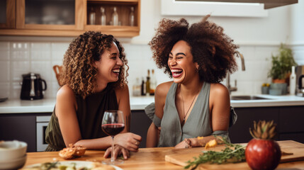 Canvas Print - Group of friends are having a party sitting in the kitchen of the house