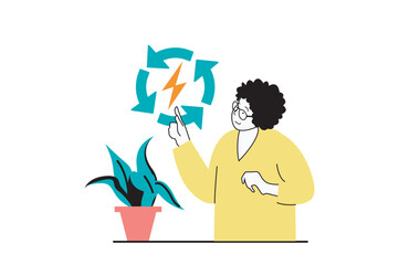 Aufkleber - Green energy concept with people scene in flat web design. Woman using recycle and reuse technology and economical energy consumption. Vector illustration for social media banner, marketing material.