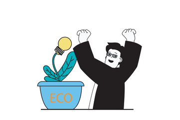 Aufkleber - Green energy concept with people scene in flat web design. Man uses efficient light bulbs with alternative sources and saves plants. Vector illustration for social media banner, marketing material.