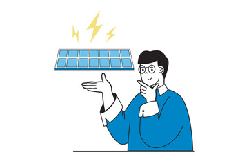 Aufkleber - Green energy concept with people scene in flat web design. Man uses solar panel to generate electricity and conserve natural resources. Vector illustration for social media banner, marketing material.