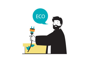 Aufkleber - Green energy concept with people scene in flat web design. Man uses eco friendly technology for socket plug at smart home system. Vector illustration for social media banner, marketing material.