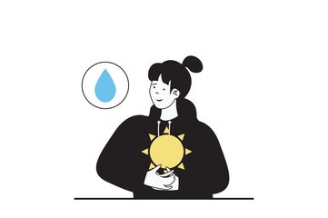 Poster - green energy concept with people scene in flat web design. woman economically and efficiently uses w