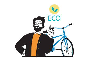 Aufkleber - Green energy concept with people scene in flat web design. Man using bike like eco friendly urban transportation, protecting nature. Vector illustration for social media banner, marketing material.