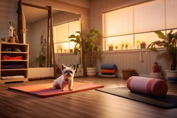 Wall Mural - a yoga studio setting with a dog bed and chew toys on the mat