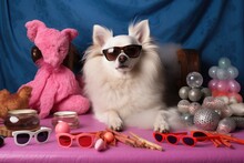 A Poodle Wearing Pink Sunglasses, Surrounded By Dog Toys