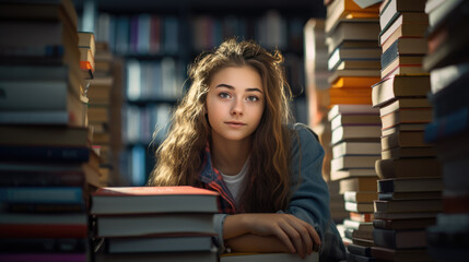 Wall Mural - Schoolgirl sits among stacks of books in the library