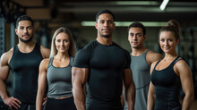 Group Of Athletic Men And Women Stand Together In The Background Of A Gym