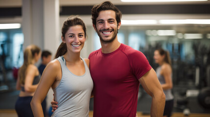 Poster - Portrait of sports man and woman training together in a gym