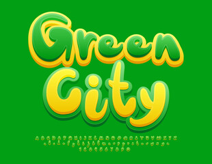 Vector eco template Green City. Playful Green Font. Handwritten Alphabet Letters and Numbers