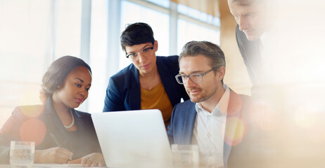Poster - Laptop, problem solving or business team in meeting with CEO planning a social media online strategy. Teamwork, collaboration or boss coaching employees or working on ideas for growth on mockup space