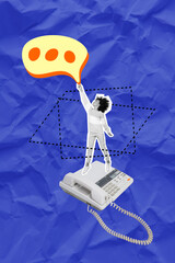 Sticker - Collage of miniature young kid hold speech message bubble cloud call center answer operator help people isolated on blue background