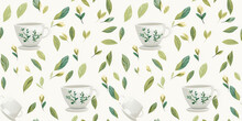 Cup of matcha tea surrounded by green leaves in a seamless repeating pattern.