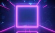 looping 3d animation. Abstract futuristic neon background with blank square frame and crystals. Pink blue glowing lines draw simple geometric shape. Spiritual fantasy, Generative AI