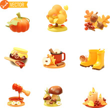 Vector Autumn Icon Set. Autumnal Design Elements. Pumpkin, Apple Tree, Acorns, Jam, Honey, Spiked Apple Cider, Rubber Boots, Mushrooms, Candles