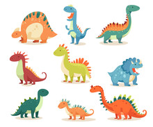 Isolated Set Of Colorful Funny Baby Dinosaurs Cartoon Jurassic Mascot Character Vector Illustration