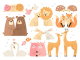 Fototapeta Pokój dzieciecy - Cute loving couple wild forest, zoo or farm animal cartoon character hugging and kissing set