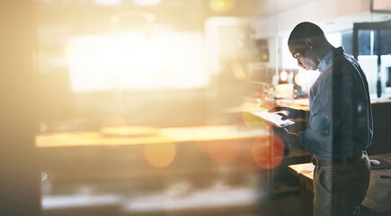 Aufkleber - Tablet, flare and double exposure with a business man in the office for research or innovation on mockup. Technology, future and networking with a young employee using the internet to search for info