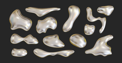 Wall Mural - 3D chrome abstract liquid shapes, inflated metal objects. Realistic y2k holographic fluid vector element for moden futuristic design aesthetics