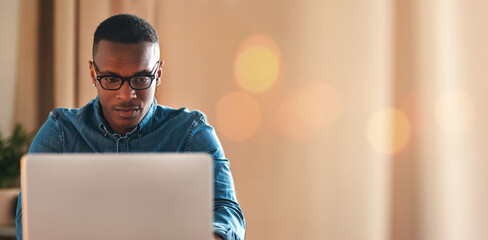 Aufkleber - Laptop, bokeh and black man typing in office with mockup space and business communication on email. Networking, research or businessman checking website for an update or article online in workplace